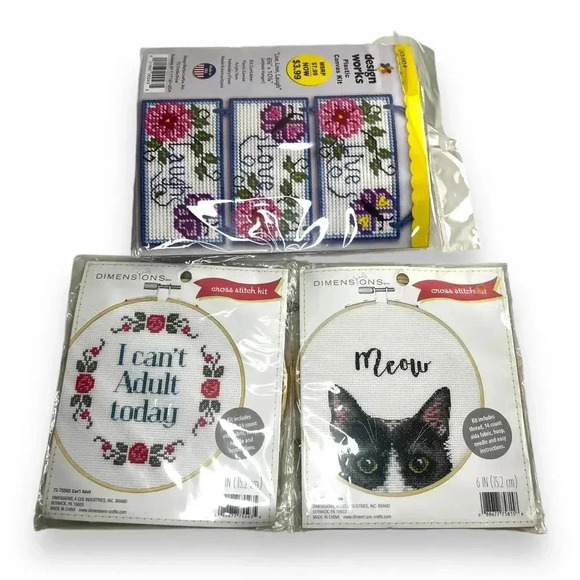 Lot of 3 Dimensions design works Meow" 14 Count Cross Stitch Kit with 6” - Picture 1 of 5